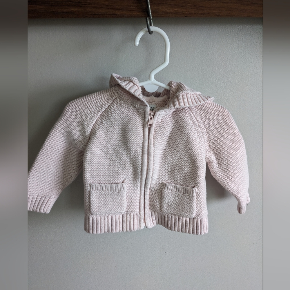 Baby Gap Size 6-12 Months Light Pink Full Zip Hooded Bear Ear Cardigan Sweater